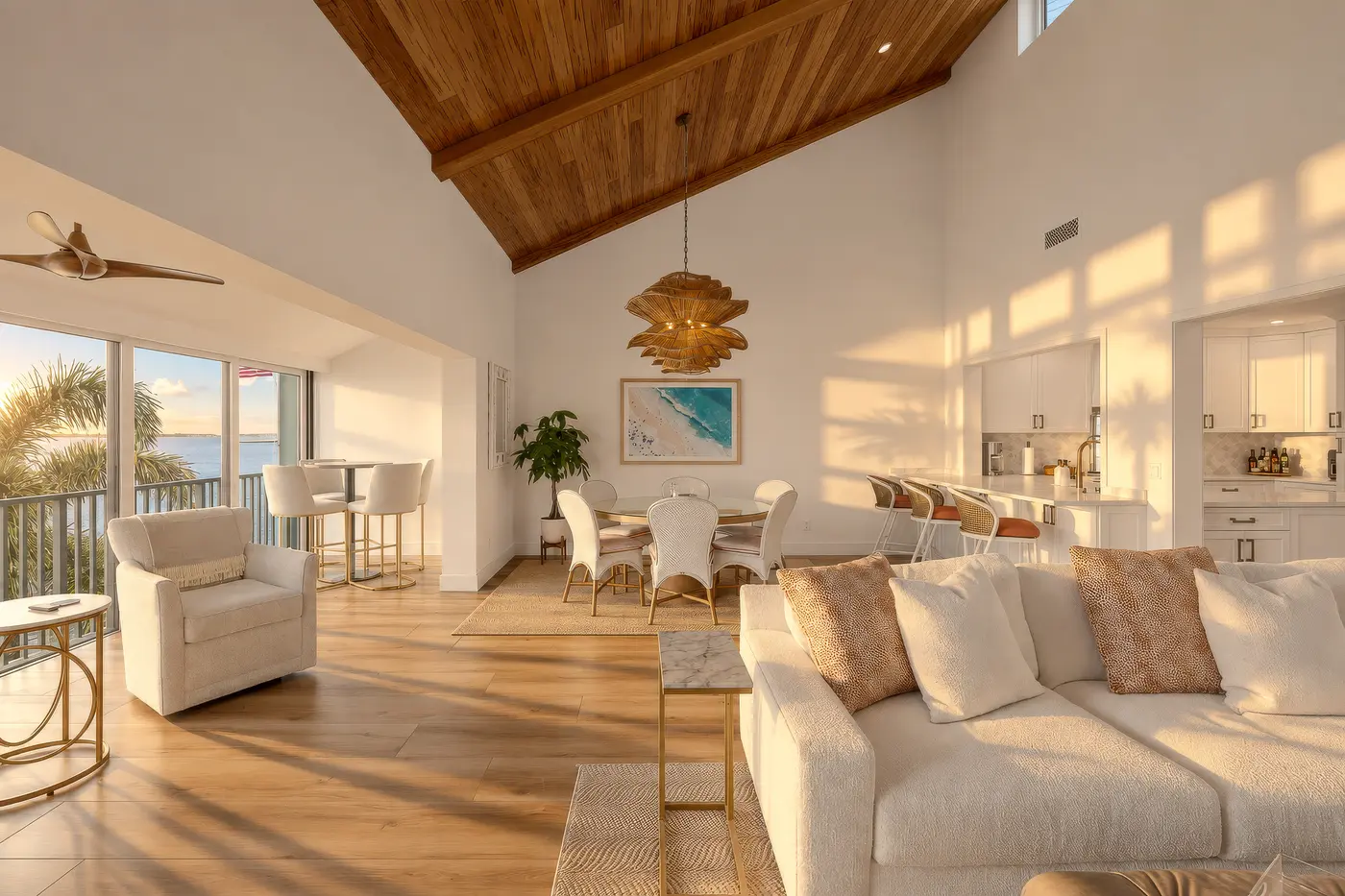 1776 Mooringline Drive, PH-C: the great room in late afternoon light, under the pecky cypress ceiling