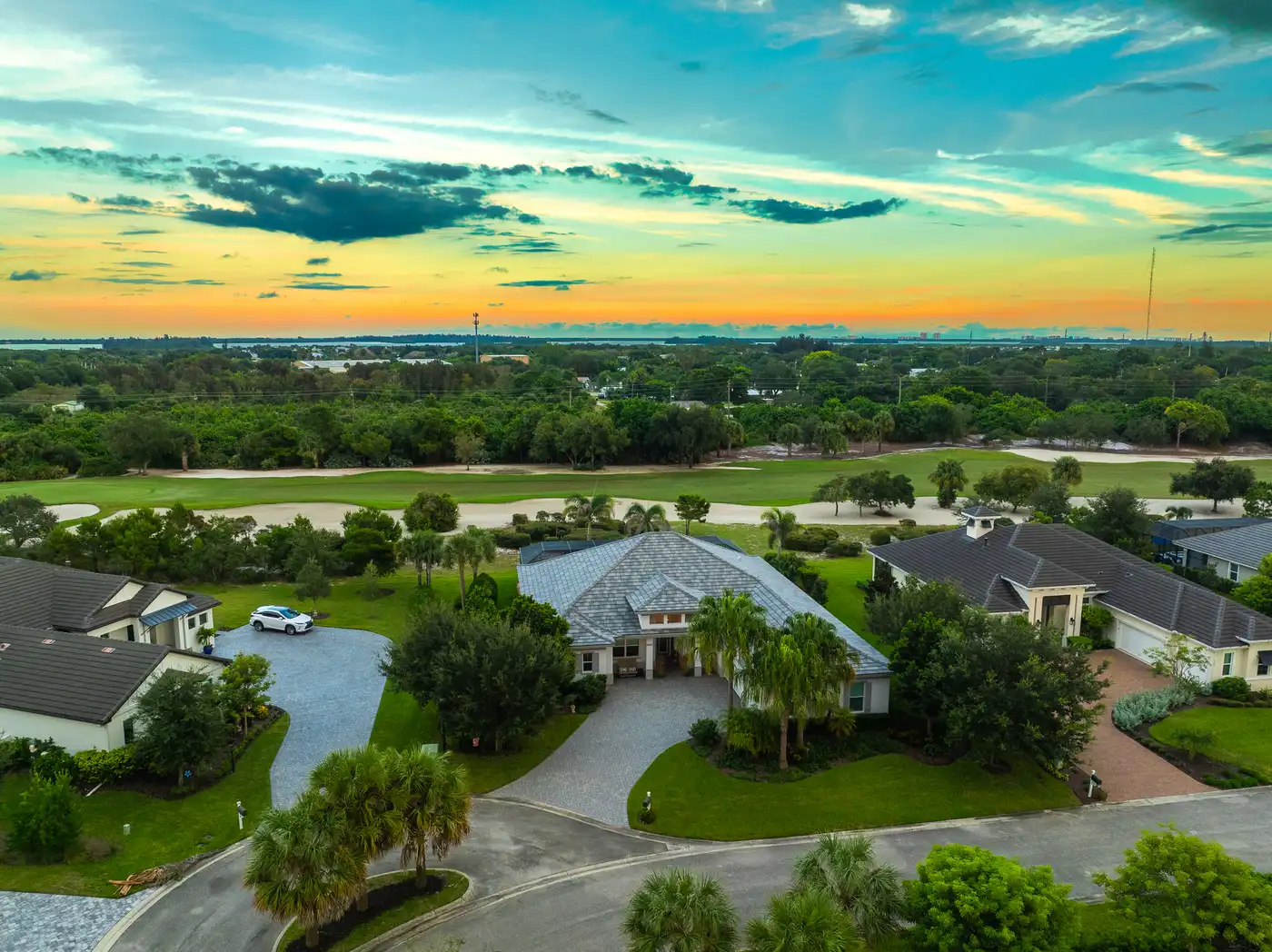 2340 Pine Valley Road: an aerial over the community at sunset
