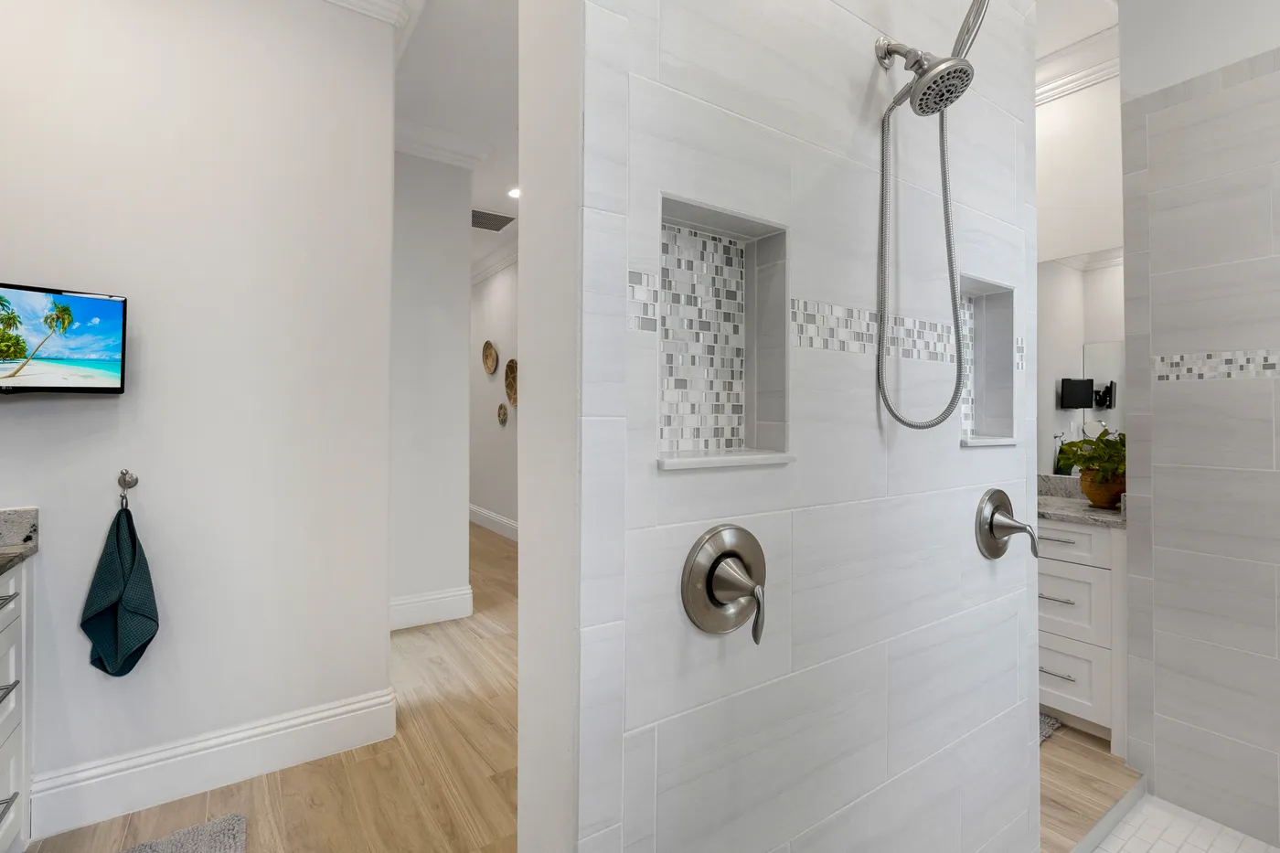 2340 Pine Valley Road: the primary shower, with its rainfall head and tile benches