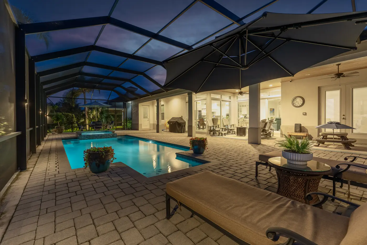 2340 Pine Valley Road: the lanai and pool at twilight